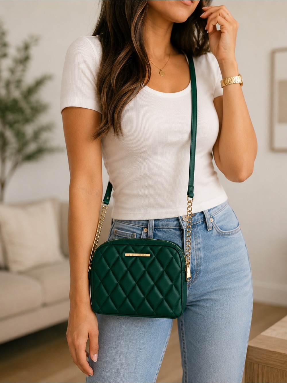 Steve Madden Green Quilted Crossbody Bag Gold Chain NWT 💚